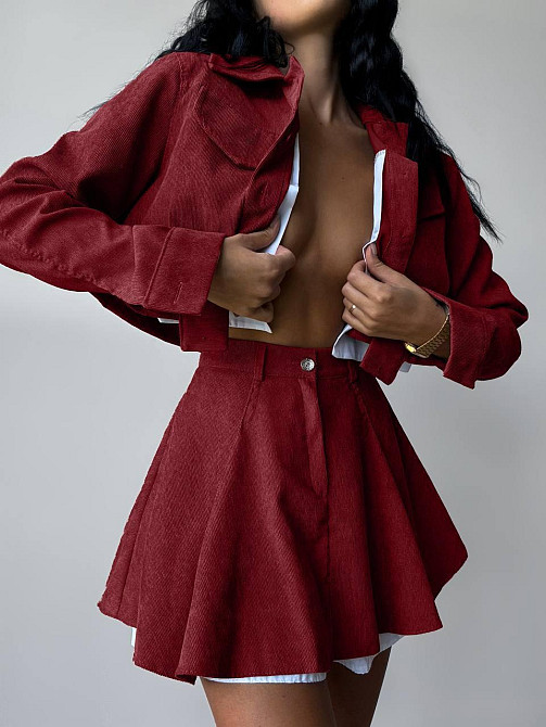 Жіночий стильний костюм-двійка: піджак і спідниця мікровельвет Бургунді, 42/44 Одеса - фото 1