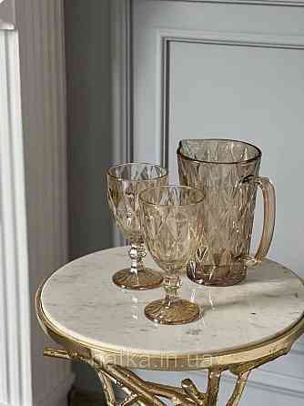 Набір 6 шт. келихів + глечик 1 л. «Дзеркальний Смарагд» 300 мл бурштиновий колір Київ