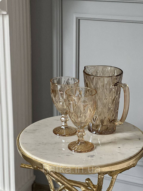 Набір 6 шт. келихів + глечик 1 л. «Дзеркальний Смарагд» 300 мл бурштиновий колір Київ - фото 6