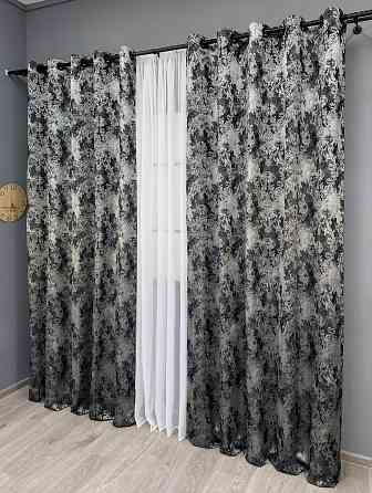 Комплект штор на люверсах VR-Textil Льон Преміум № 1695ш Чорний з сірим 150х280 см 2 шт (37-0247) Київ