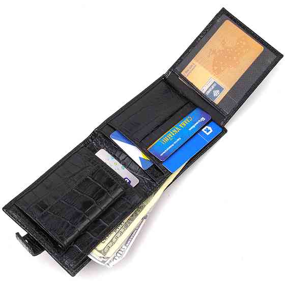 Зручний чоловічий гаманець із натуральної фактурної шкіри з тисненням під крокодила Чорний (CANPELLINI) Київ