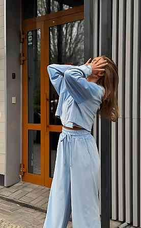 Жіночий прогулянковий плюшевий костюм-двійка: кофта та штани Блакитний, 46/48 Одеса