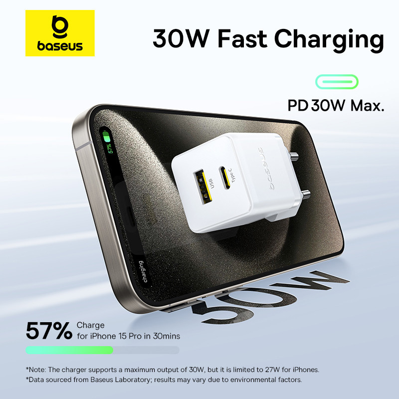 Мережевий зарядний пристрій з кабелем Baseus Palm Fast Charger C+U 30W EU Moon White (with USB-C to USB-C 60W Одеса - фото 9