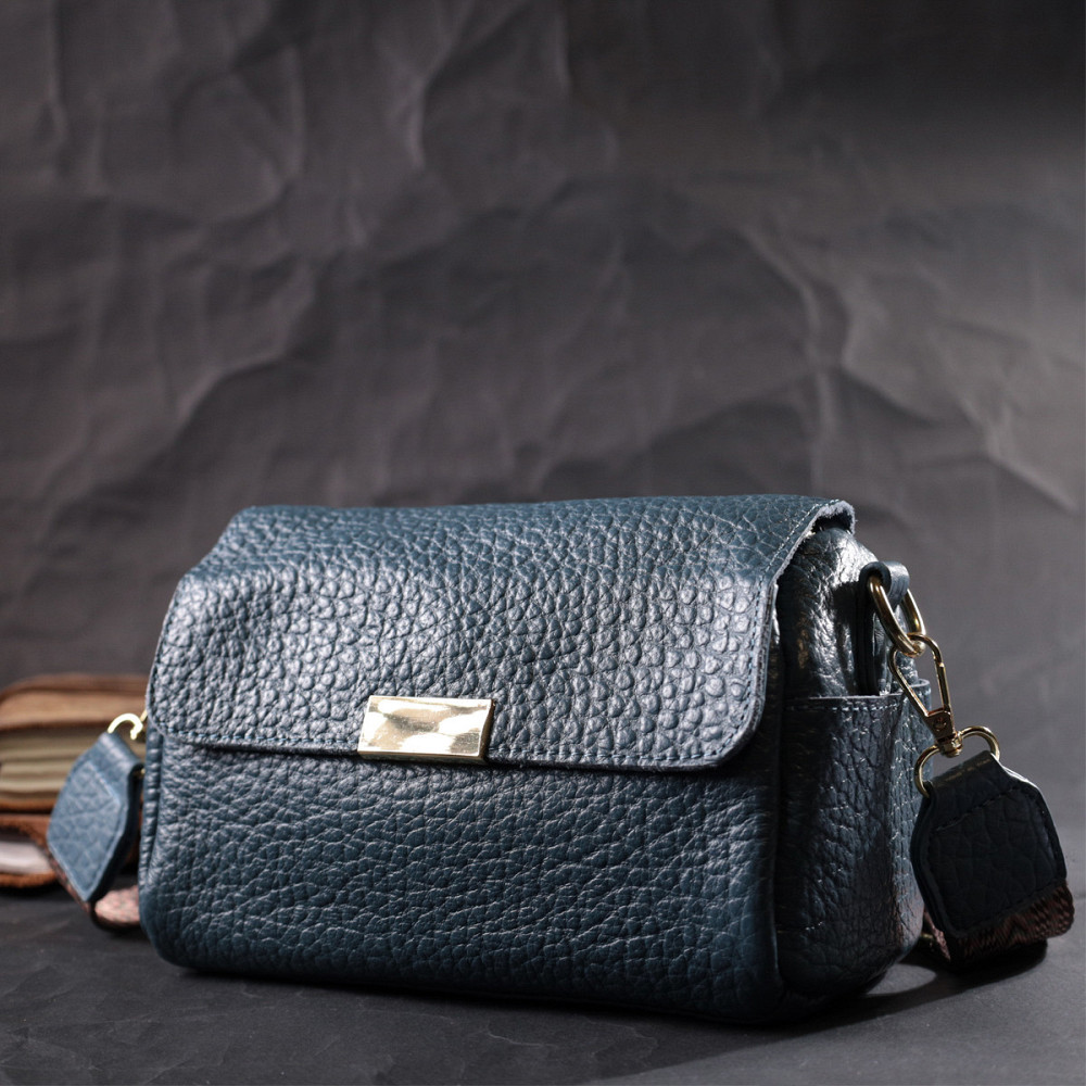 Отличная кожаная женская сумка с оригинальной плечевой лямкой Vintage 22402 Синяя Киев - изображение 8