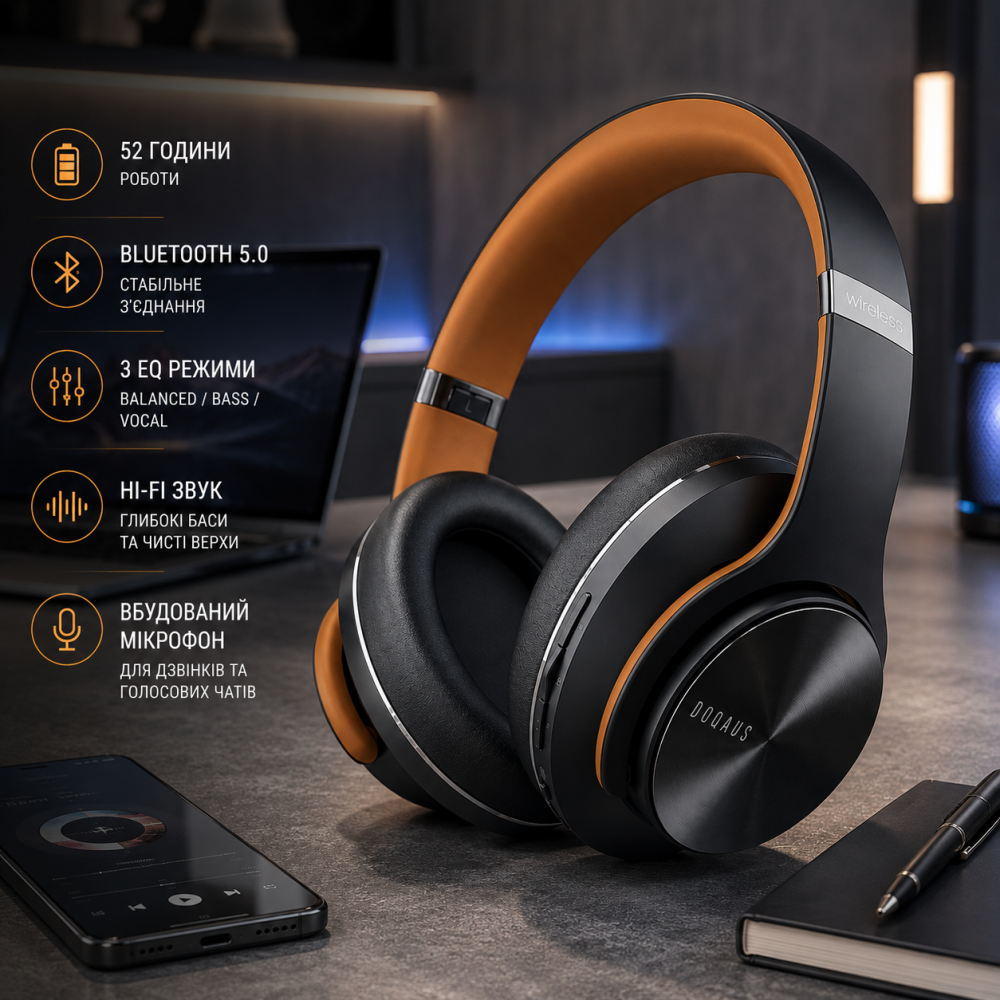 Bluetooth-наушники DOQAUS Over-Ear, 52 ч работы, Bluetooth 5.0, 3 EQ, HiFi, микрофон, черные/коричневые Киев - изображение 9