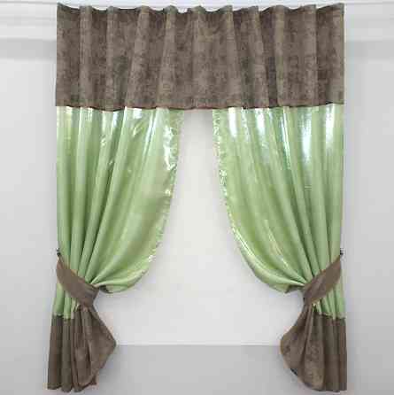 Кухонные шторы VR-Textil № 073к с ламбрекеном и подхватами оливковый со светло-коричневым 270х170 см (52-0389) Киев