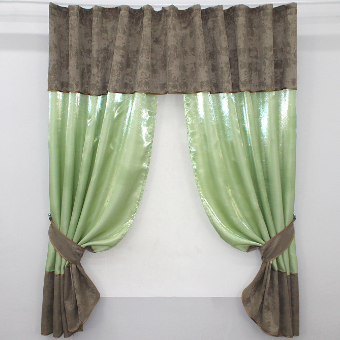 Кухонные шторы VR-Textil № 073к с ламбрекеном и подхватами оливковый со светло-коричневым 270х170 см (52-0389) Киев - изображение 1