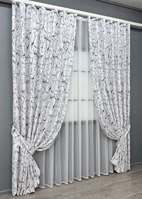 Комплект готових штор VR-Textil Льон мармур Royal Touch № 2000ш Білий з чорним 200х270 см 2 шт (32-476) Київ - фото 3