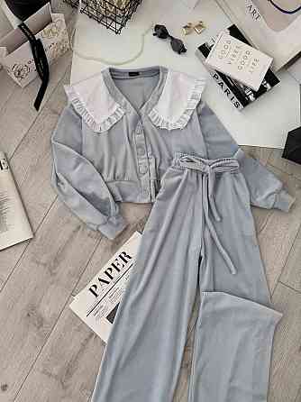 Жіночий плюшевий костюм-двійка: кофта з коміром і штани велюр Блакитний, 46/48 Одеса