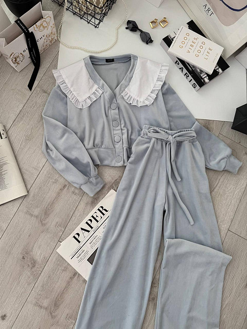 Женский плюшевый костюм двойка: кофта с воротником и штаны велюр Голубой, 46/48 Одесса - изображение 6