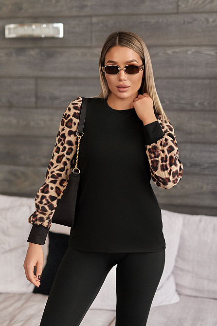 Стильна жіноча кофтинка з леопардовими рукавами "Alberta" | Норма і батал Чорний, 54-56 Київ - фото 1