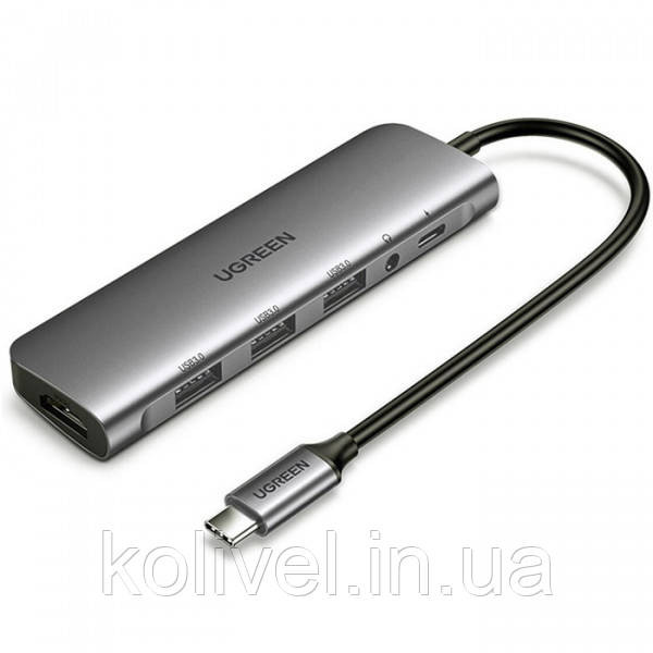 Док-станція USB3.0 Type-C --> USB 3.0x3/HDMI/jack 3.5mm/PD Ugreen CM136 Сіра (80132) Київ - фото 1