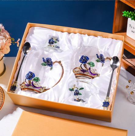 Набор чашек термостойких 350 и 320 мл с ложечкой и крышечкой Чайная пара Синяя роза Подарочная упаковка Кременчуг