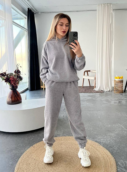 Жіночий теплий затишний костюм: кофта та штани барашек на флісі Сірий, 46/48 Одеса - фото 1