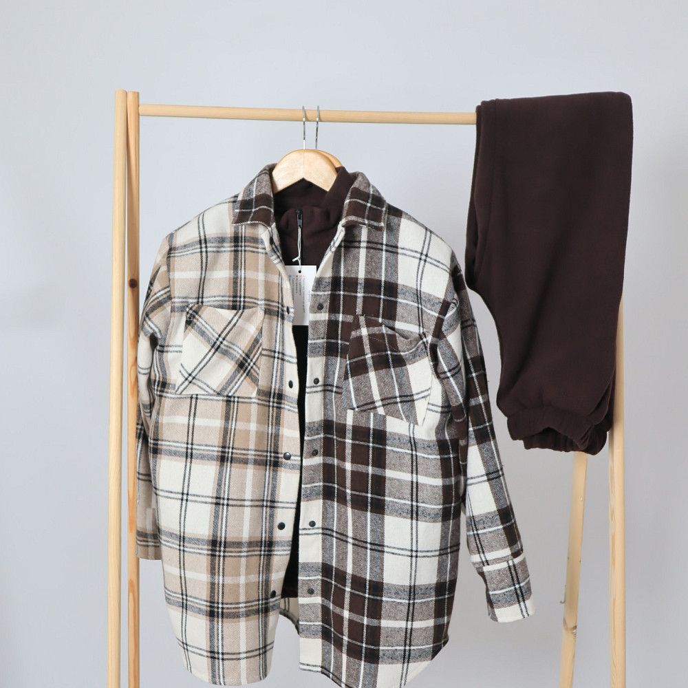 Флісовий жіночий коричневий костюм-трійка (худі+джогери+сорочка картата) 50/52 Кам'янець-Подільський - фото 6