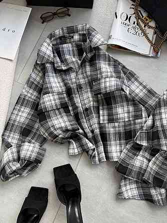 Женский костюм двойка: рубашка и юбка в клетку фланель Черный Одесса
