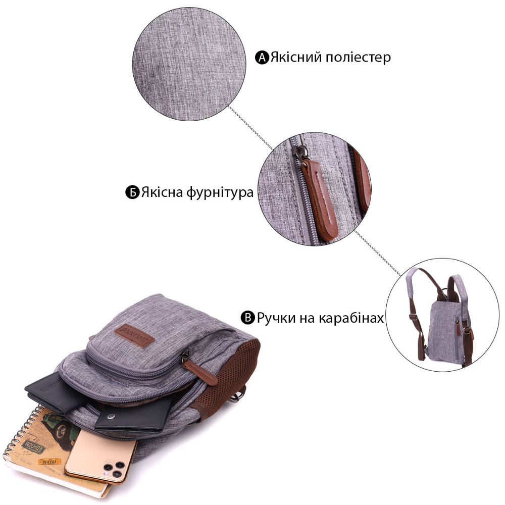 Современный рюкзак из полиэстера с большим количеством карманов Vintage 22149 Серый Киев - изображение 5