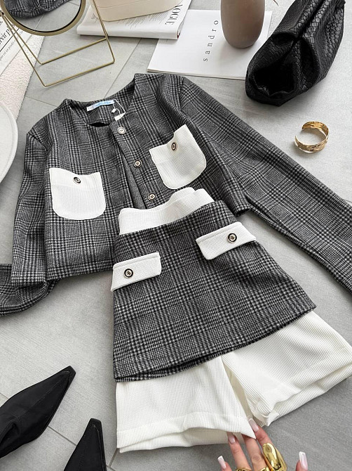 Женский спелый костюм тройка клетка шерсть; шорты вавилка Черный, 44/46 Одесса - изображение 4