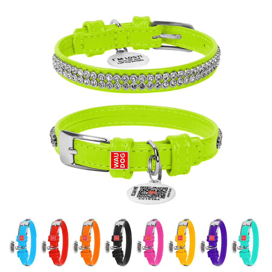 Нашийник для собак шкіряний WAUDOG Glamour з QR паспортом, з прикрасою "Полотно стрази", XS, Ш Коломия - фото 1