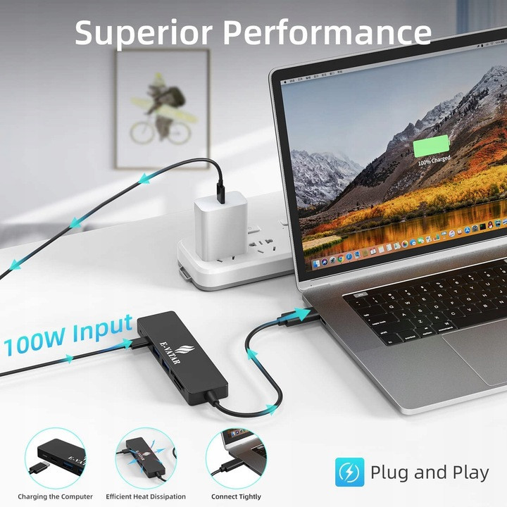 Концентратор USB Hub Хаб USB-C E-VATAR 6-в-1 USB 1 HDMI, 2 USB 3.0, 100 Вт PD3.0, 1 SD/TF Киев - изображение 4