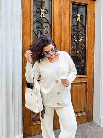 Женский базовый прогулочный костюм: кофта и штаны мелкая машинная вязка Молочный Одесса