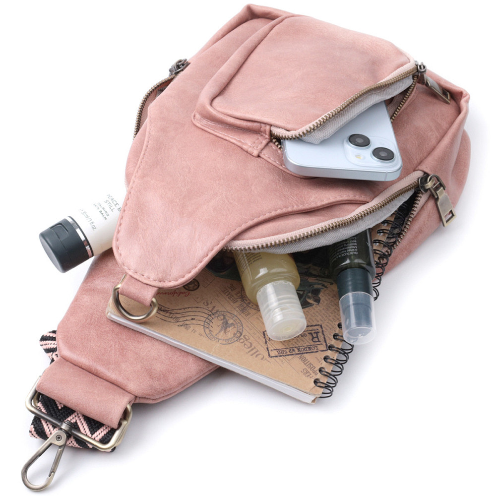 Жіноча сумка з акцентом на текстильну лямку з гладкої екошкіри Vintage 22772 Рожевий Київ - фото 8