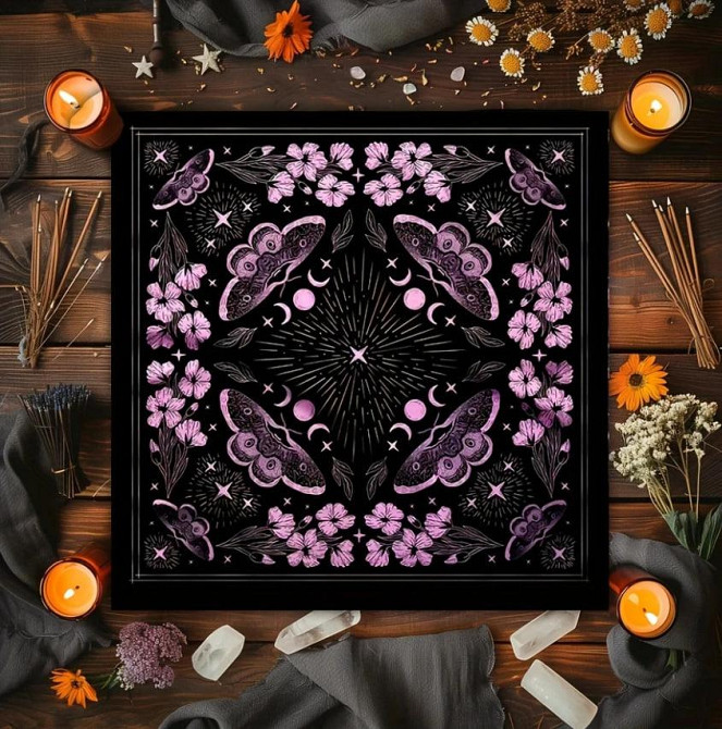 Алтарная скатерть с бабочкой и цветами для карт Таро и Рун. Скатерть для гадания 49*49 см. Киев - изображение 3