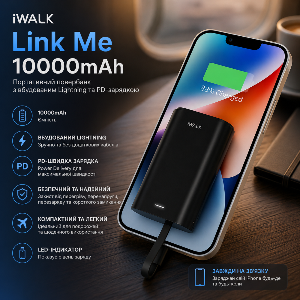 Уцінка: Портативний повербанк iWalk Link Me 10000mAh (9000mAh) з вбудованим Lightning та PD-зарядкою Київ - фото 11
