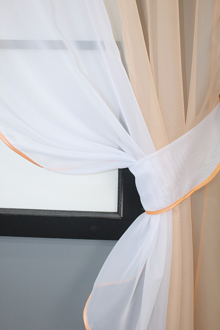 Кухонные шторы VR-Textil № 017к комбинированные с подвязками персиковый с белым 265х170 см (50-006) Киев - изображение 3