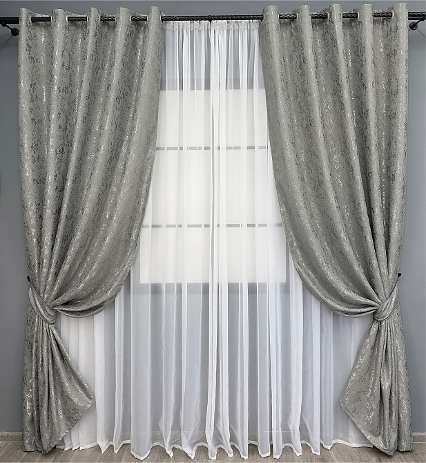 Комплект штор на люверсах VR-Textil Лен мрамор Pavliani № 1665ш Серый 150х270 см 2 шт (37-0181) Киев - изображение 2