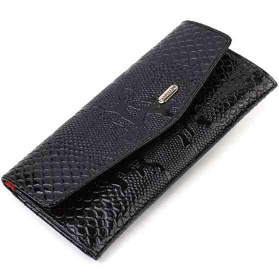 Фактурное женское лакированное портмоне из натуральной кожи с тиснением под змею CANPELLINI 21700 Черное Киев