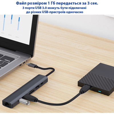 Концентратор Dynamode 7-in-1 USB-C to HDTV 4K/30Hz, 2хUSB3.0, RJ45, USB-C PD 100W, SD/MicroSD (BYL-2303) Вінниця - фото 4