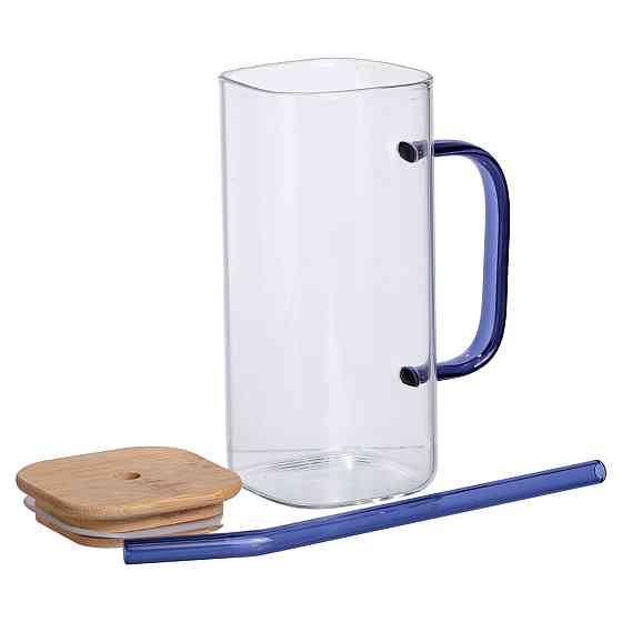 Скляна чашка 400 мл з бамбуковою кришкою і синьою трубочкою HP-19-146BL Коломыя