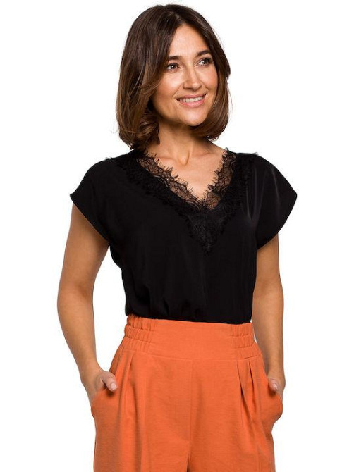 Жіноча блузка з вирізом та мереживом "Brenda" оптом | Норма і батал Чорний, 50-52 Київ - фото 2