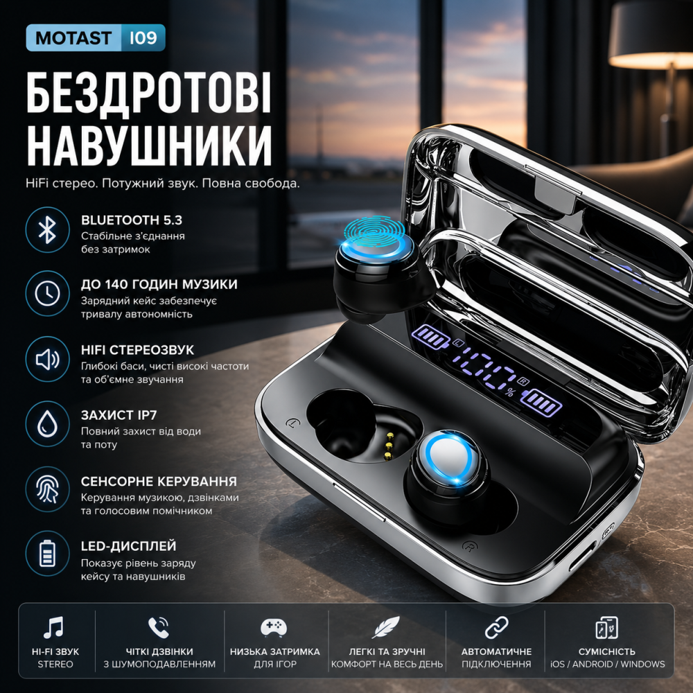 Бездротові навушники Motast I09 Bluetooth 5.3: HiFi стерео, шумопоглинання CVC 8.0, водозахист IP7 та 140 годин автономності Київ - фото 8