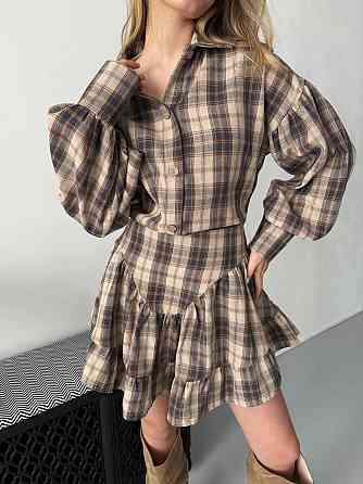 Жіночий стильний костюм-двійка: сорочка та спідниця в карту тіар Бежевий, 42/44 Одеса