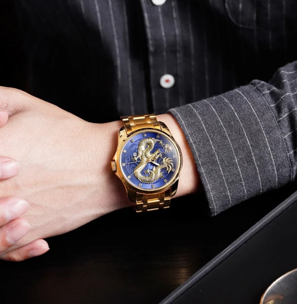 Чоловічий наручний годинник Skmei 9193 Дракон синій циферблат Золотисті Київ - фото 5