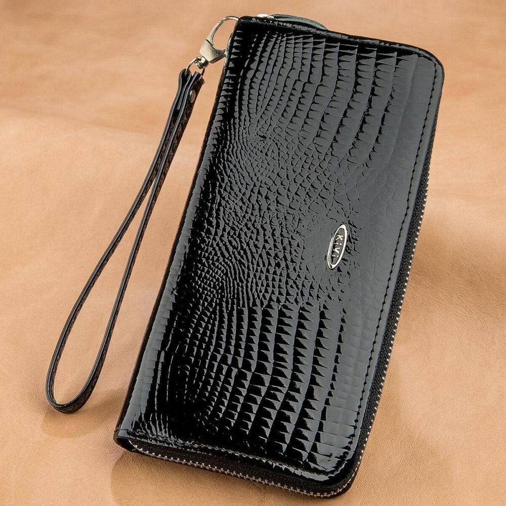 Гаманець жіночий на одну блискавку з екокожі лаковий KIVI 19030 Чорний Київ - фото 6