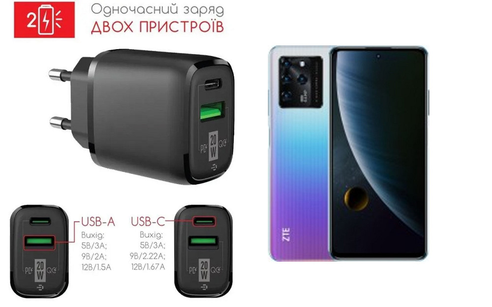 Сетевое зарядное устройство для ZTE Blade V30, Blade V30 Vita, 20W 3A, Quick Charge 3.0 Киев - изображение 1