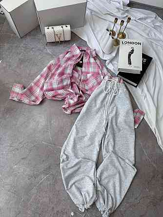 Женский повседневный костюм двойка: рубашка в клетку и штаны фланель + двунитка Розовый, 48/52 Одесса