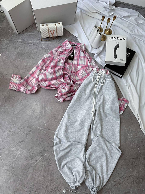 Женский повседневный костюм двойка: рубашка в клетку и штаны фланель + двунитка Розовый, 48/52 Одесса - изображение 5