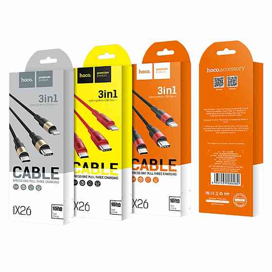 Кабель HOCO X26 USB to iP+Type-C+Micro 2A, 1m, nylon, aluminum connectors Black+Gold Київ