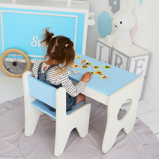 Комплект дитячих меблів столик та стільчик 70×45×51, стіл та стілець у дитячу білий з деревом 1, Блакитний, ламінована ДСП, № 1, ДСП, ДСП Київ