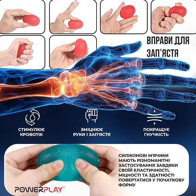 Набір силіконових еспандерів-яйце (тренажер для кисті) PowerPlay PP-4340 Power Grip Set (набір 3 шт. Каменское - изображение 8