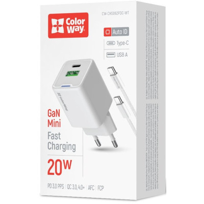 Зарядное устройство ColorWay C101A GaN Mini 20W PD PPS USB-C + USB-A QC4.0 + cable USB-C to USB-C black (CW-CHS062PDC-WT) Винница - изображение 12