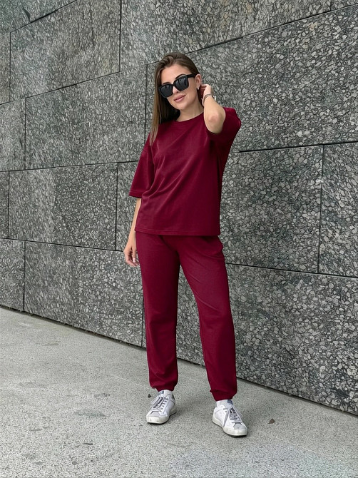 Жіночий костюм двонитка футболка та штани прогулянковий Бордовий XL-XXL Харків - фото 1
