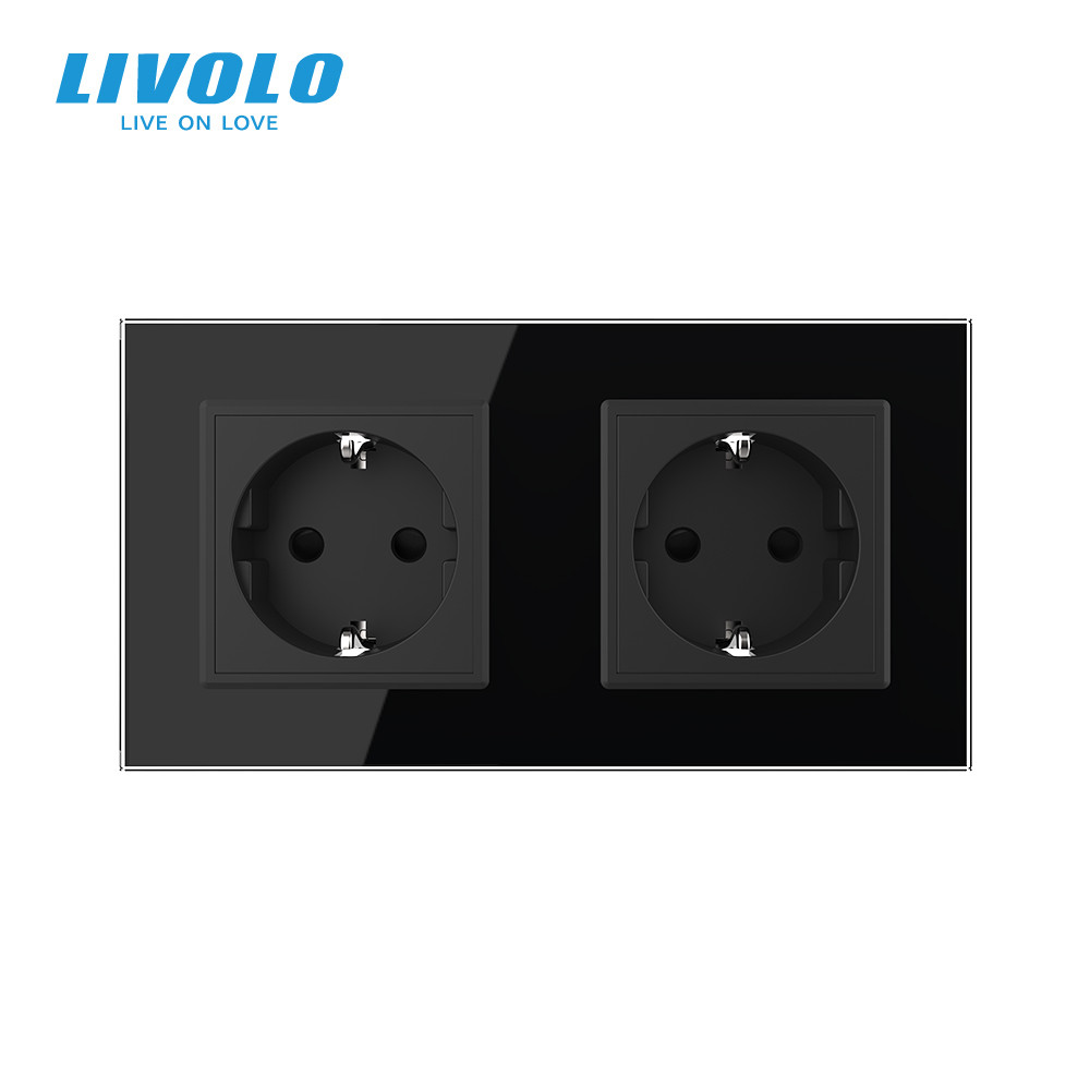 LIVOLO Подвійна електрична розетка з заземленням LIVOLO, чорна, скляна рамка, шторки, 250В 16А Коломыя - изображение 2
