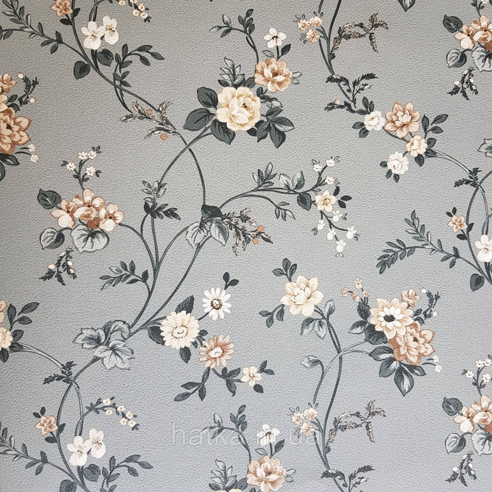 Шпалери вінілові на флізелін 0.53х10.05м Rasch Textil Petite Fleur 5.квіти троянди беж коричневі, чорні на сірому Київ - фото 3