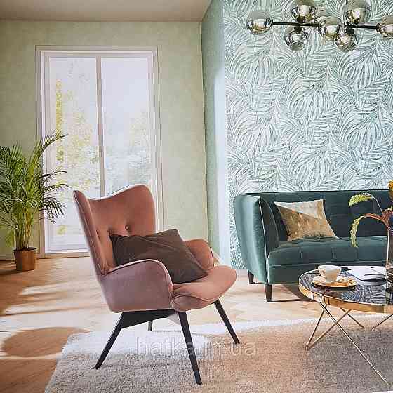 Шпалери вінілові на флізелін Rasch Linares 0.53х10 папороть листя зелені бірюзові на білому 617443 Київ