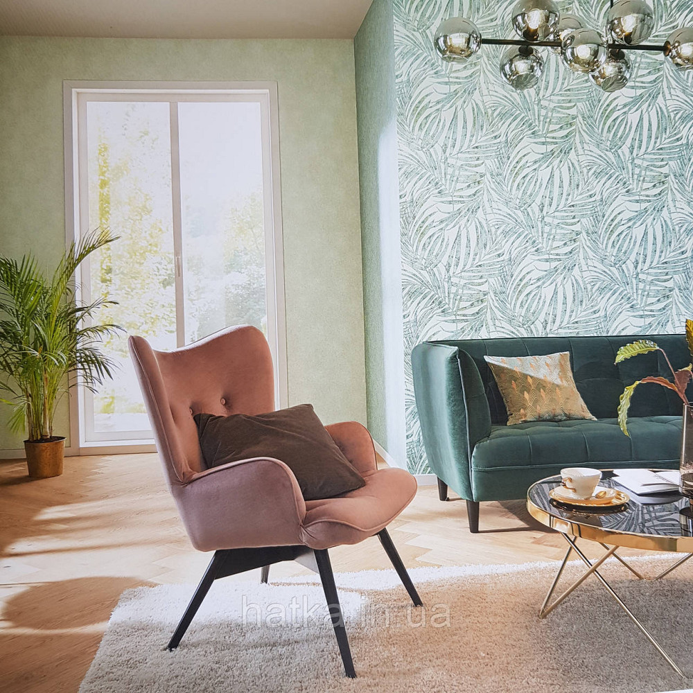 Шпалери вінілові на флізелін Rasch Linares 0.53х10 папороть листя зелені бірюзові на білому 617443 Київ - фото 1